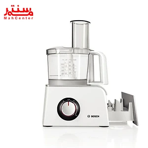 یک غذاساز بوش با کاسه ها و لوازم جانبی مختلف آن نشان داده شده است.